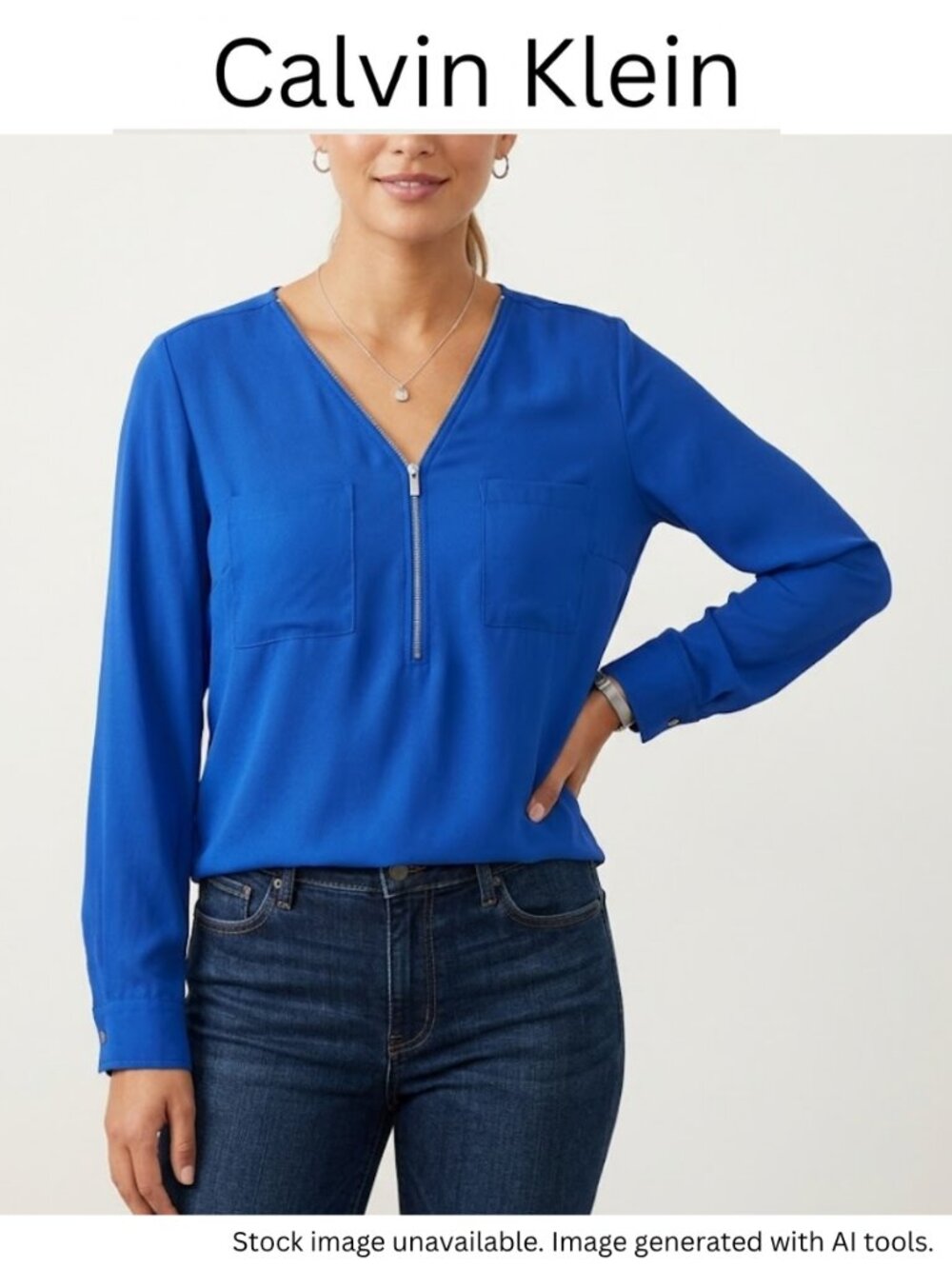 NWOT Calvin Klein Cerulean Blue Zip Neck Roll Tab Sleeve Tunic Blouse Size L